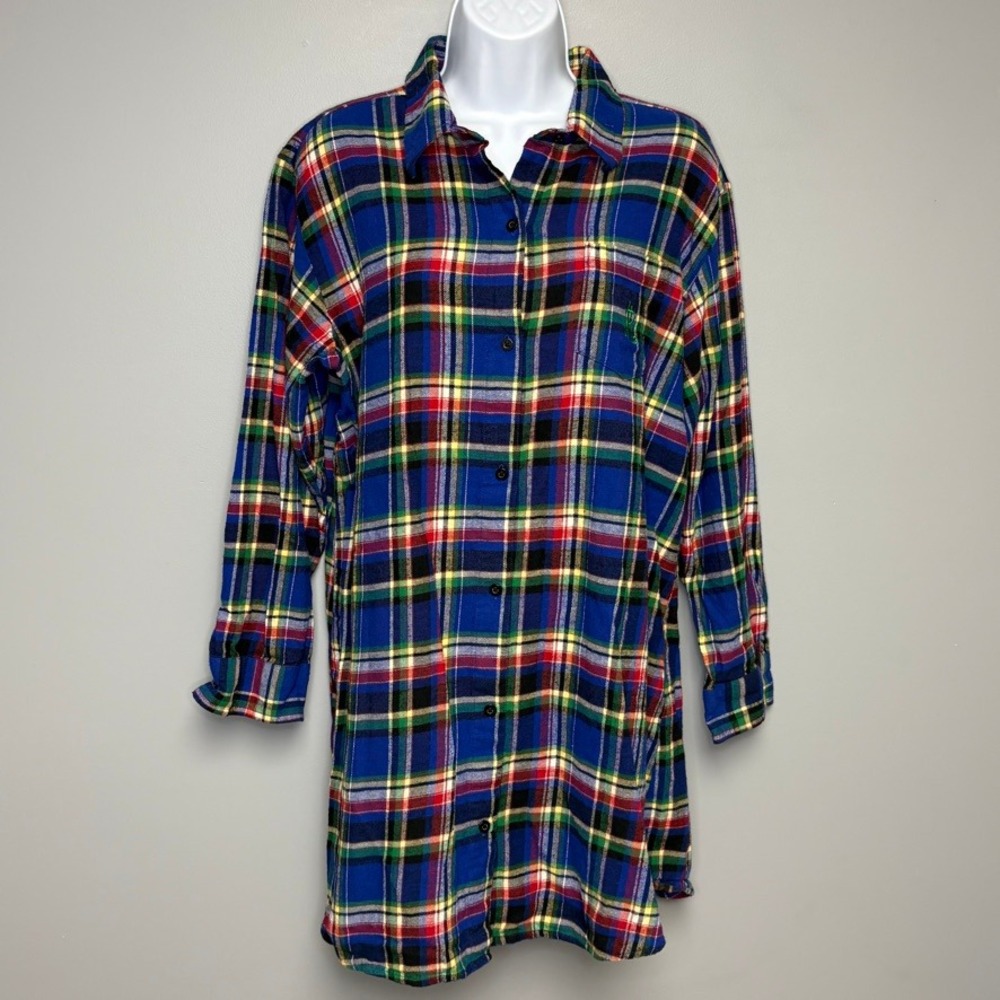 Lauren Ralph Lauren Blue Tartan Plaid Colorful Button Flannel Shirt Dress Sz L